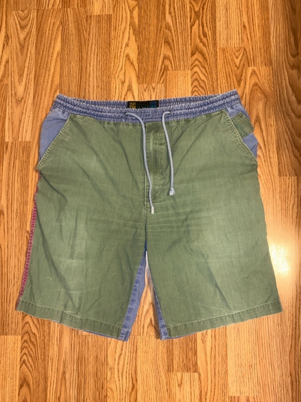 Casual Two-Tone Drawstring 100% Cotton Shorts Olive and Denim Blue Mens Medium